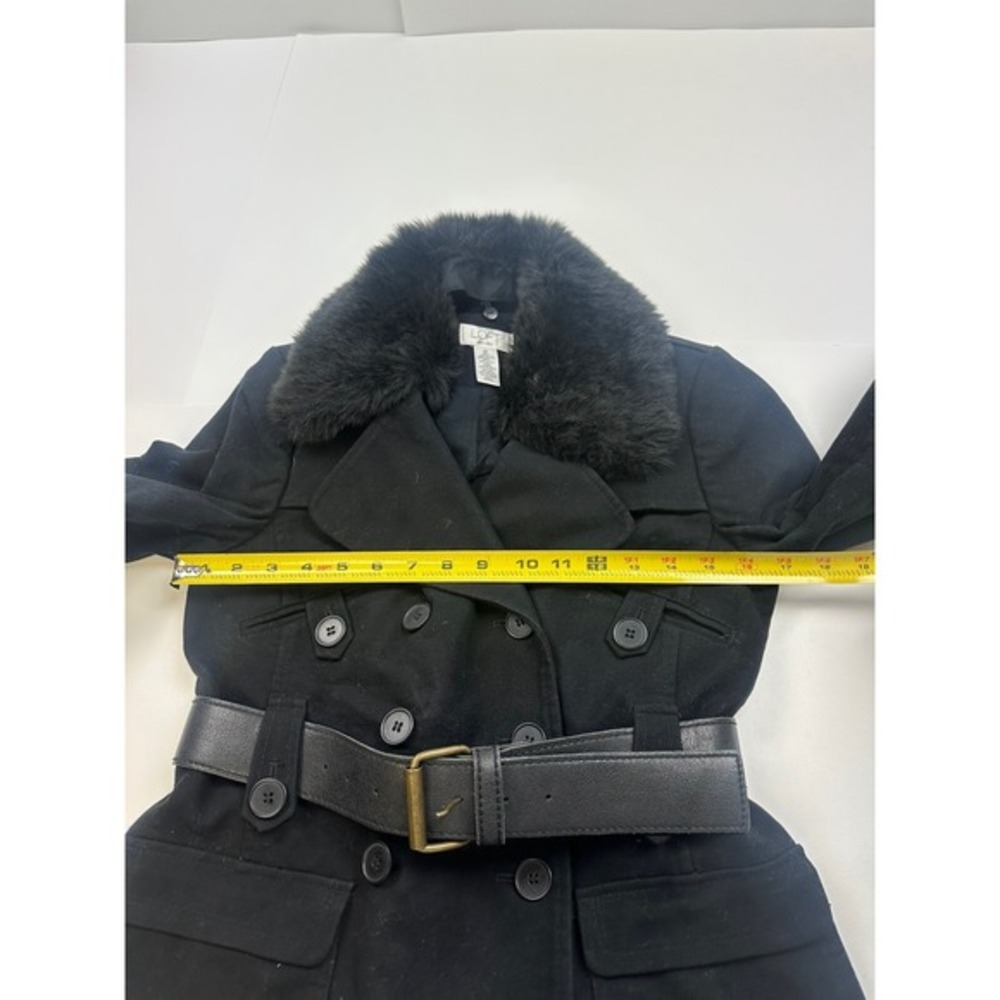 Ann Taylor Petite‎ Double Breasted Pea Coat Womens 0P Black Faux Fur Belted - Picture 5 of 6